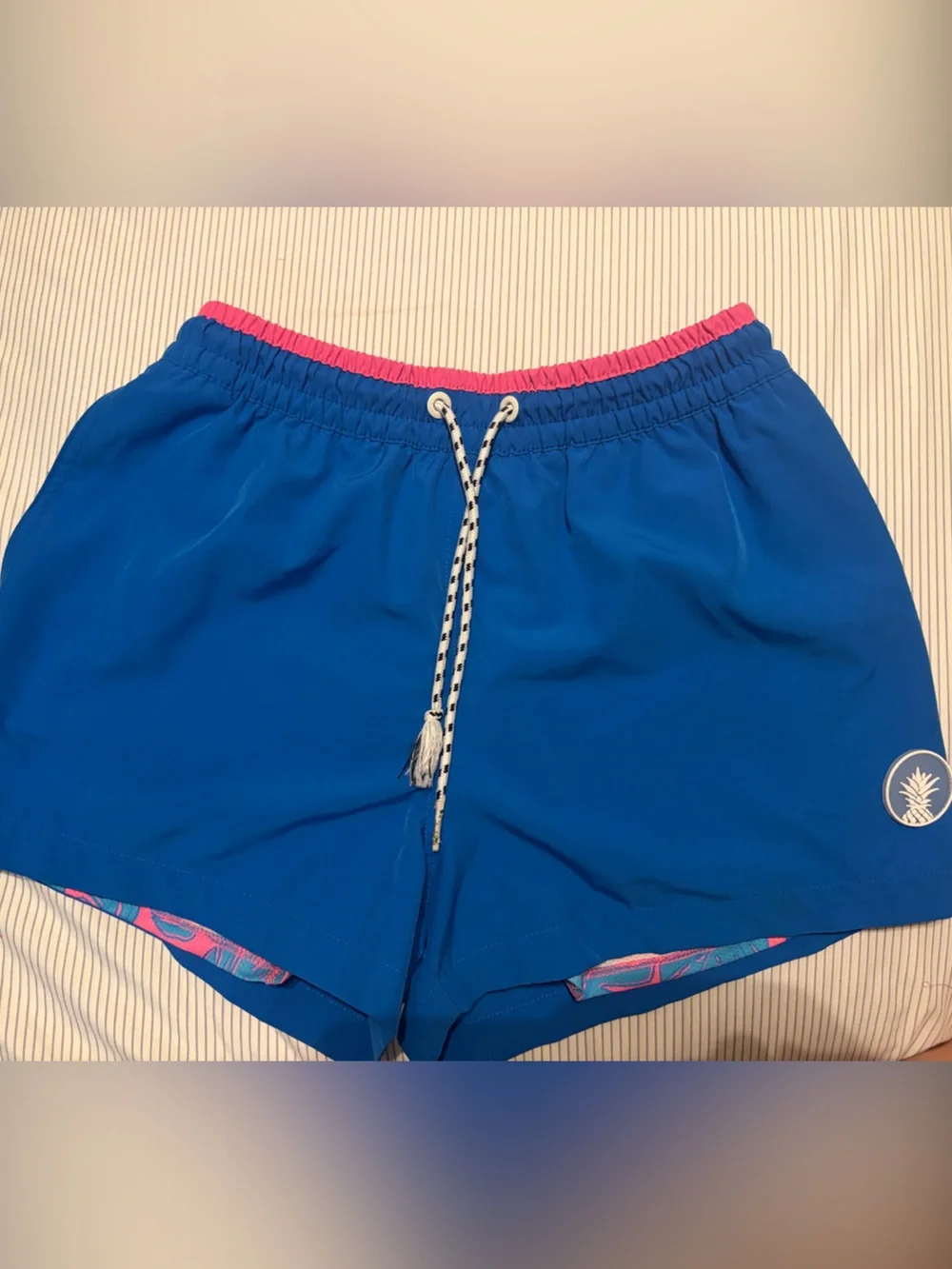 chubbies Blue Swim Board Shorts with Coral Waistband and White Drawcord
